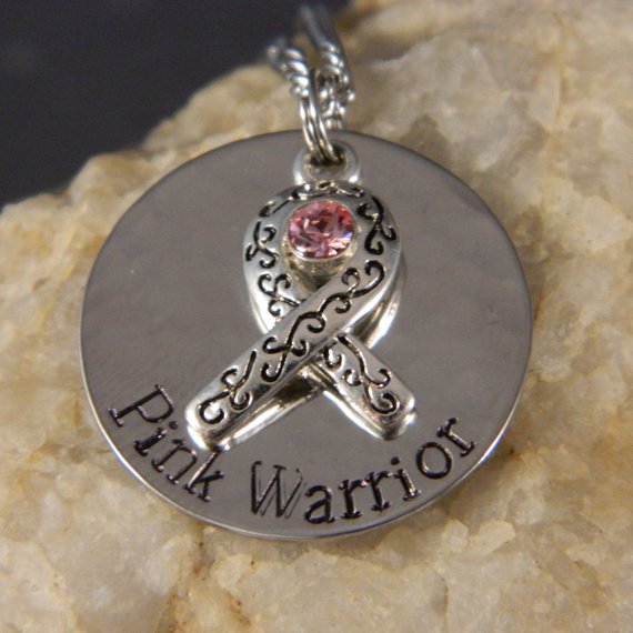 Pink Warrior Breast Cancer Silver Ribbon with Crystal Necklace